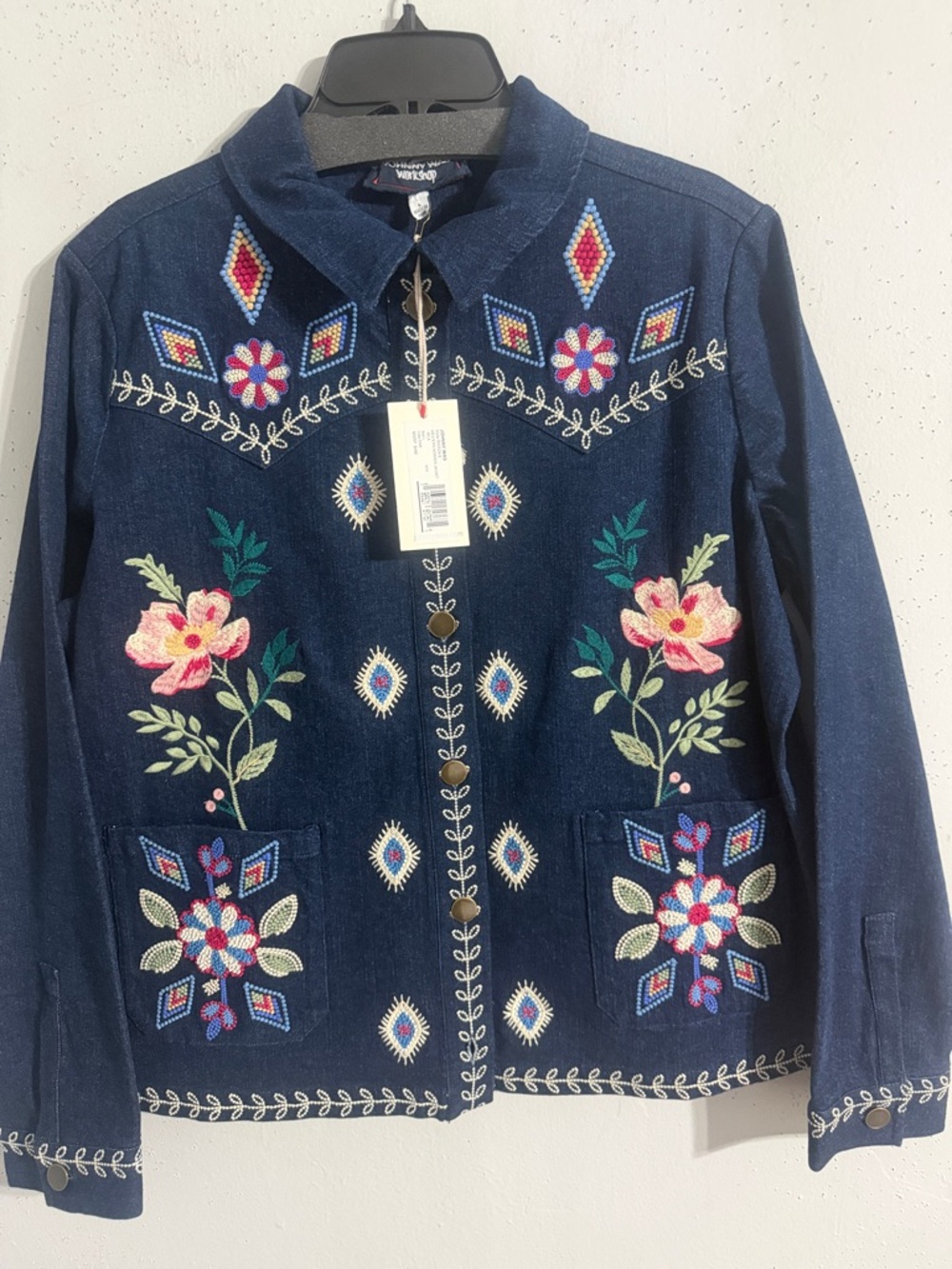 NWT Johnny Was Embroidered Floral Denim Jacket - Navy